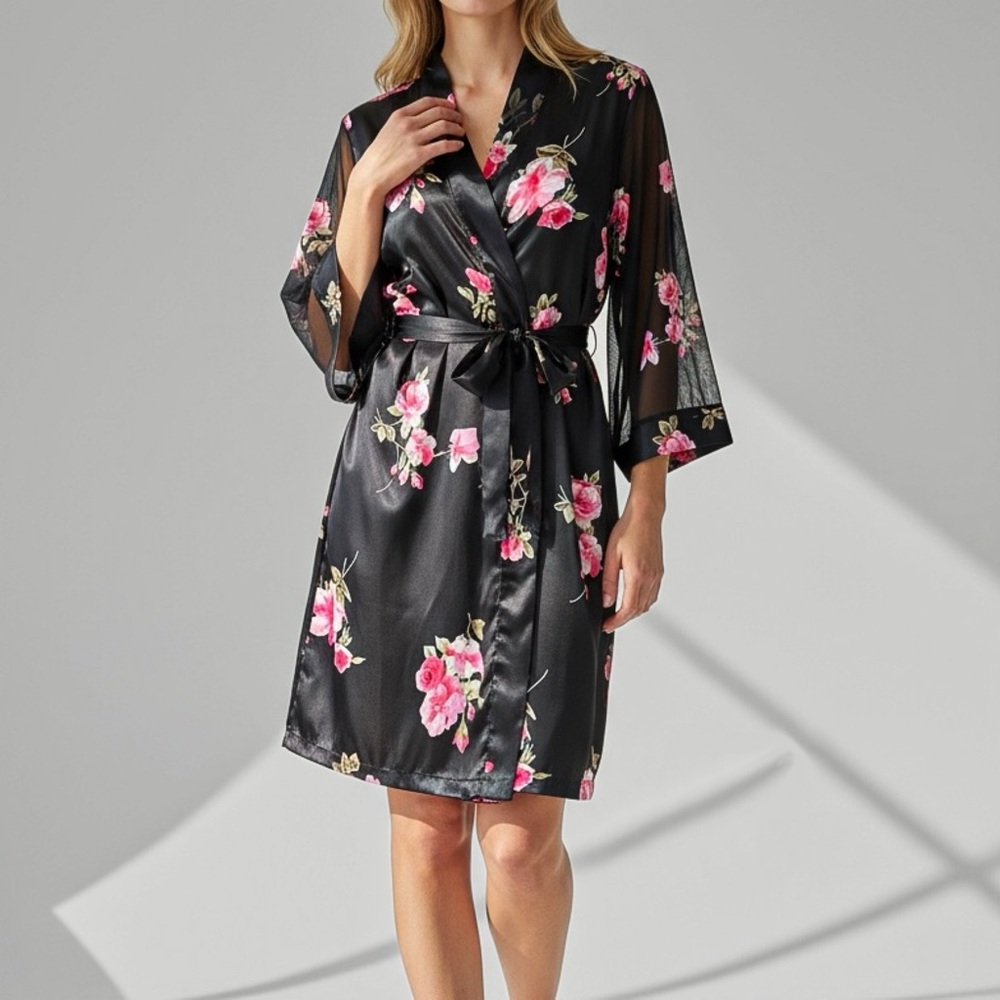 Vintage 90s Kimono Wrap Robe S Boudoir Belted Pockets Black Pink Floral Satin